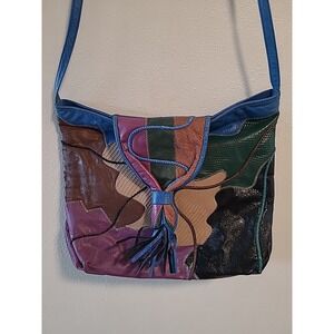 Vintage 80s Fifth Avenue Handbag Patchwork Leather Blue Purple Shoulder Bag USA